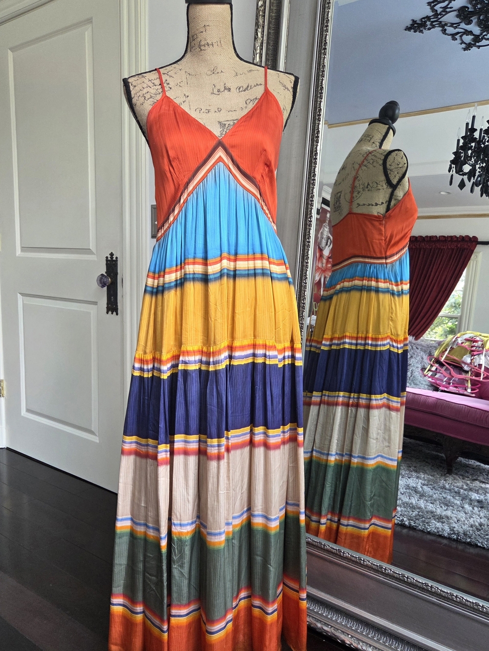 Anthropologie Orange, Blue & Yellow Striped Maxi Dress S